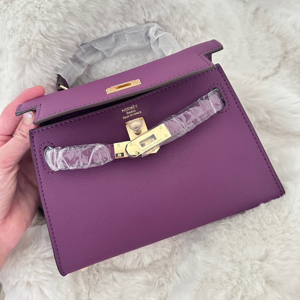 Top Handle, Crossbody Classic Mini Epsom Bag with Gold Hardware in Deep Purple - Picture 9 of 10